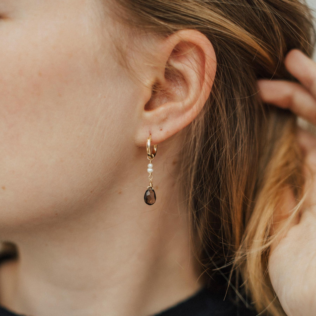 Smoky Quartz + Pearl Orion Huggie Hoops