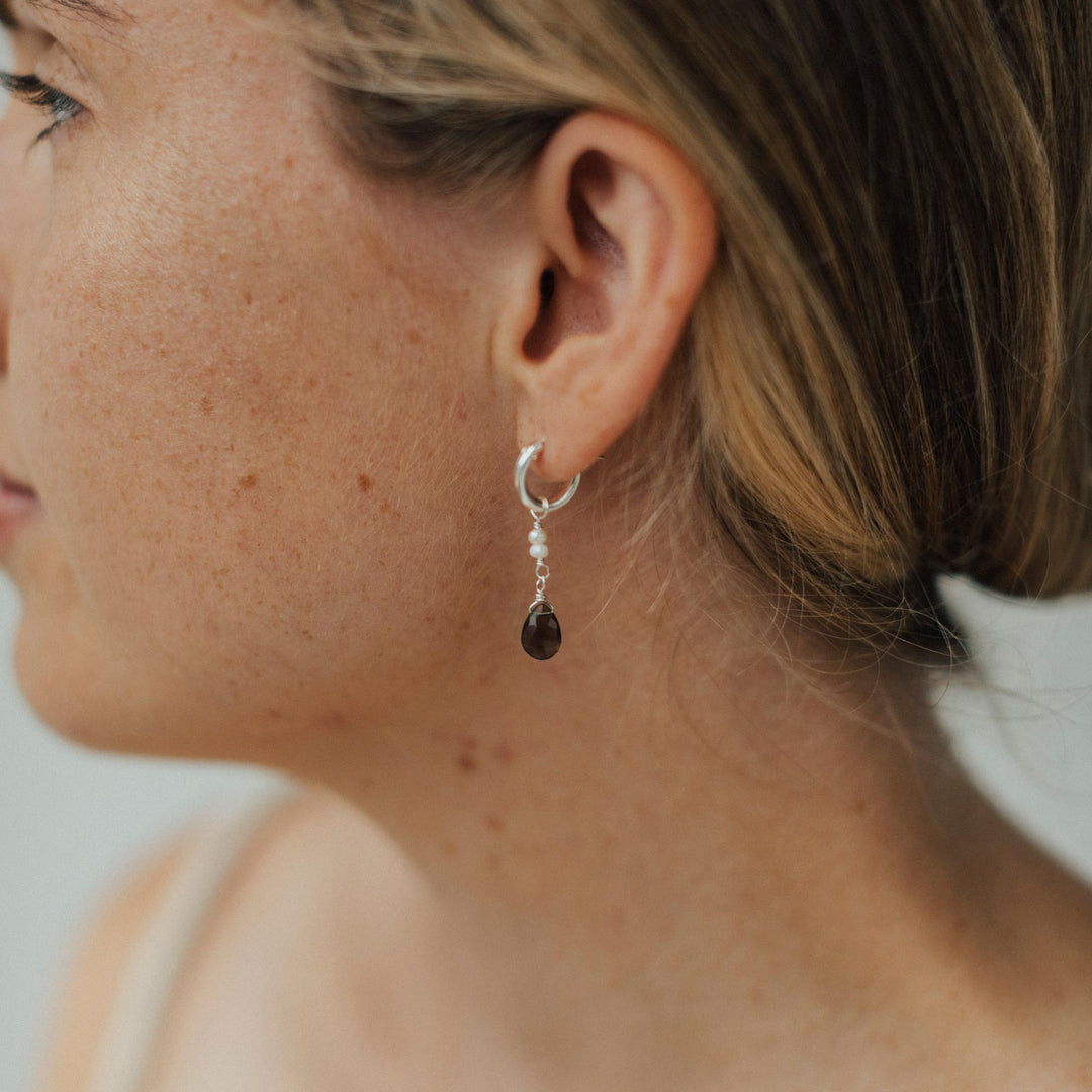 Smoky Quartz + Pearl Orion Huggie Hoops